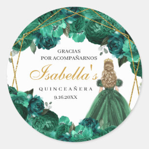 Adesivo Redondo Emerald Green Floral Quinceanera Round Stickers