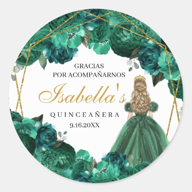 Adesivo Redondo Emerald Green Floral Quinceanera Round Stickers (Frente)