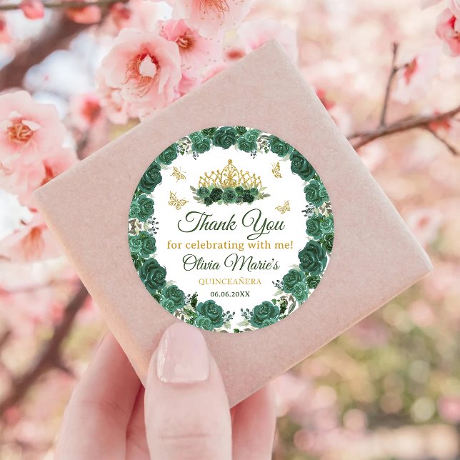 Adesivo Redondo Emerald Green Floral Tiara Butterfly Quinceanera (Criador carregado)