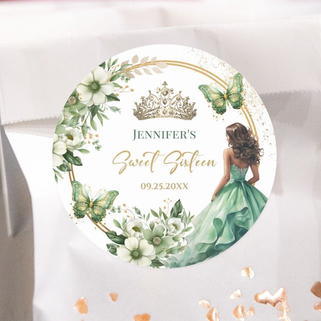 Adesivo Redondo Emerald Green Girl Princess Tiara Floral Sweet 16 (Criador carregado)