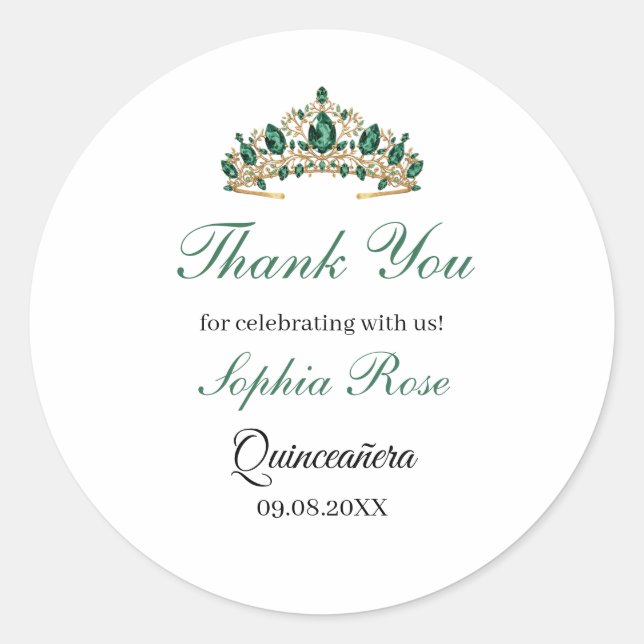 Adesivo Redondo Emerald Green Gold Tiara Quinceañera Sticker (Frente)