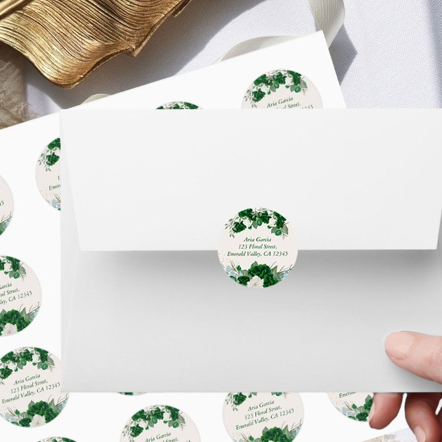Adesivo Redondo Emerald Green Rosa e Eucalytus Name e Address (Address stickers from the Royal Rose Emerald Green Quinceanera Collection by Darling & May)