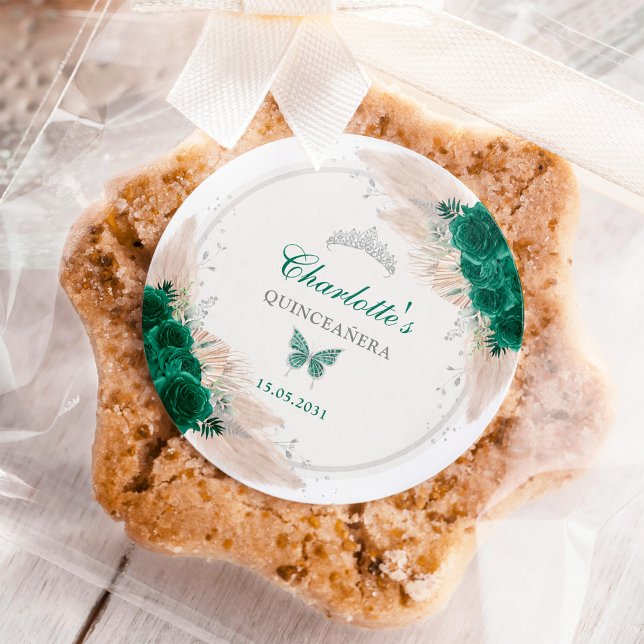 Adesivo Redondo Emerald Green Silver Quinceanera Miss Quince 15 (Criador carregado)