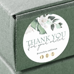 Adesivo Redondo emerald greenere flores brancas obrigado seu adesi