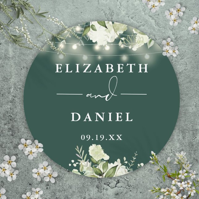 Adesivo Redondo Emerald Greenery String Luzes Favor de Casamento (Emerald Greenery String Lights Wedding Favor Classic Round Sticker)