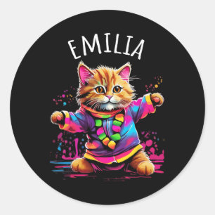 Adesivo Redondo Emilia Colorful Dancing Cat Design Para Nome Das R