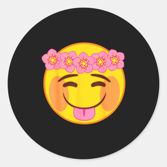Adesivo Redondo Emoji Flower Crown Tongue Yellow Smile Face  (Frente)