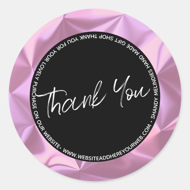 Adesivo Redondo Empresa de Script Metálico Rosa - Obrigado (Frente)