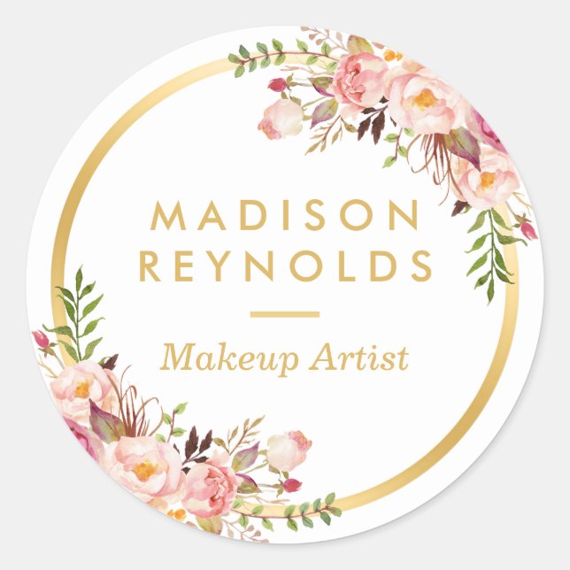 Adesivo Redondo Empresa pessoal flexível rosa-rosa-quadro Dourado  (Frente)