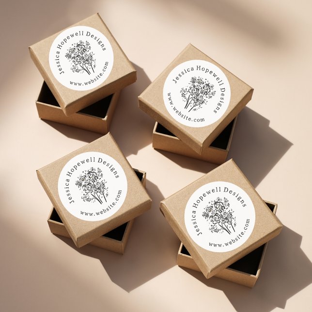 Adesivo Redondo Empresas de Flores Brancas e Pretas Simples e Eleg (Criador carregado)