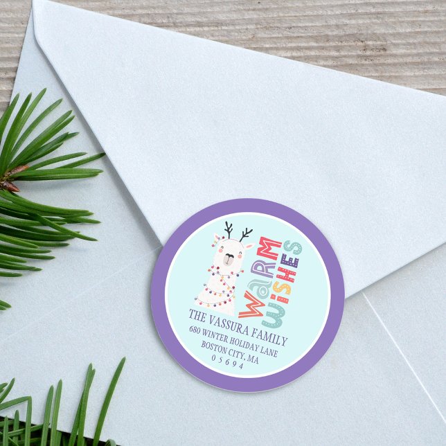 Adesivo Redondo Encantado Moderno Natal Llama Endereço de Retorno (Cute Modern Christmas Llama Return Address Classic Round Sticker)