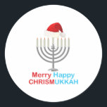 Adesivo Redondo Encantado Natal Hanukkah Santa Hat Menorah<br><div class="desc">Encantado Natal Hanukkah Santa Hat Menorah</div>