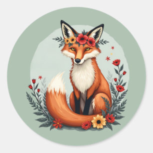 Adesivo Redondo Encantadora Arte Folclórica Floral da Raposa da Fl