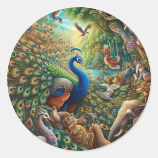Adesivo Redondo 🦚 ✨ Encantando o concerto Peacock na Selva 🎨 🌿