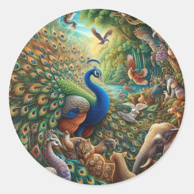 Adesivo Redondo 🦚 ✨ Encantando o concerto Peacock na Selva 🎨 🌿 (Frente)