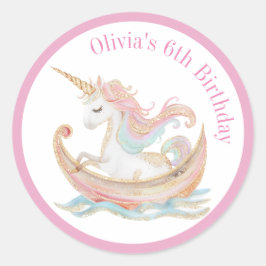 Adesivo Redondo Encantando Unicórnio em Barco Mágico no Mar