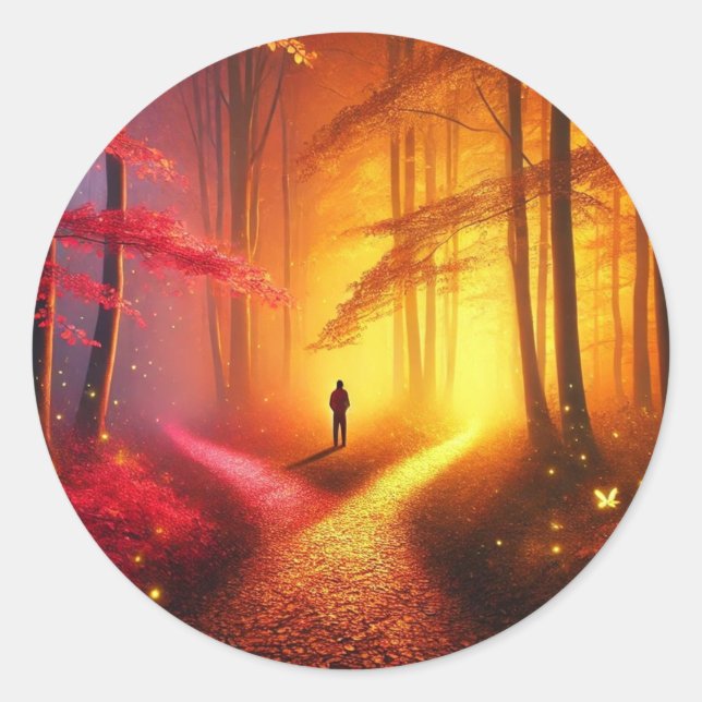 Adesivo Redondo Enchanted Crossroads – Vibrant Autumn Forest Art P (Frente)