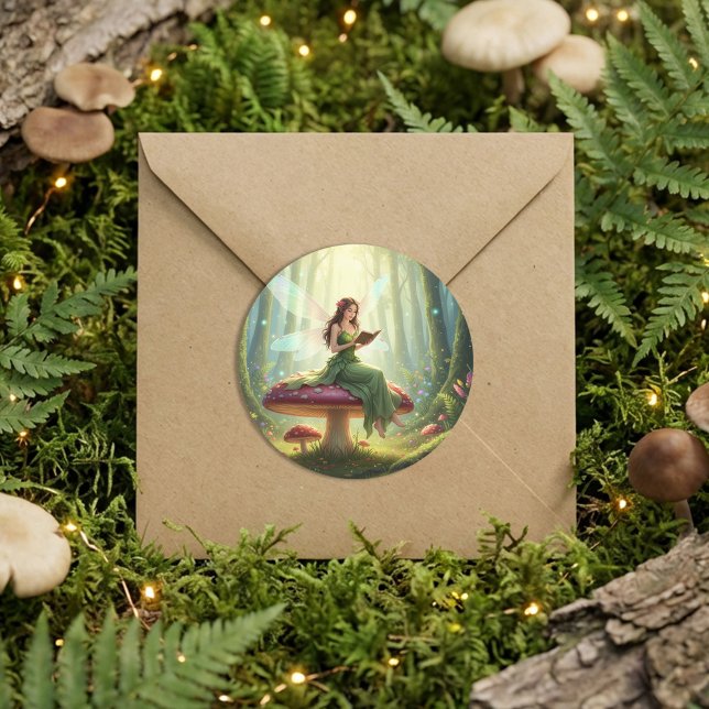 Adesivo Redondo Enchanted Day Fairy Reading a Book (Criador carregado)