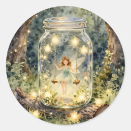 Adesivo Redondo Enchanted Fairy in a Mason Jar n a Magical Forest