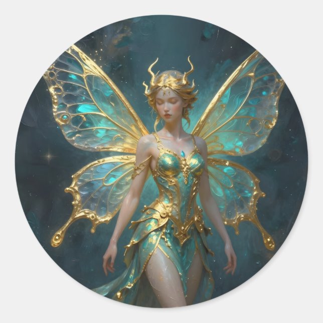Adesivo Redondo Enchanted Fairy in Gold and Turquoise  (Frente)