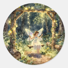 Adesivo Redondo Enchanted Fairy on a Swing in a Magical Forest