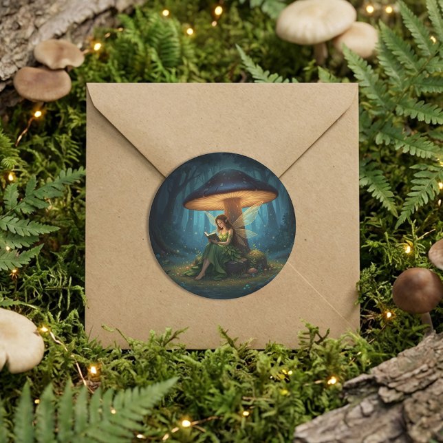 Adesivo Redondo Enchanted Night Fairy Reading a Book (Criador carregado)