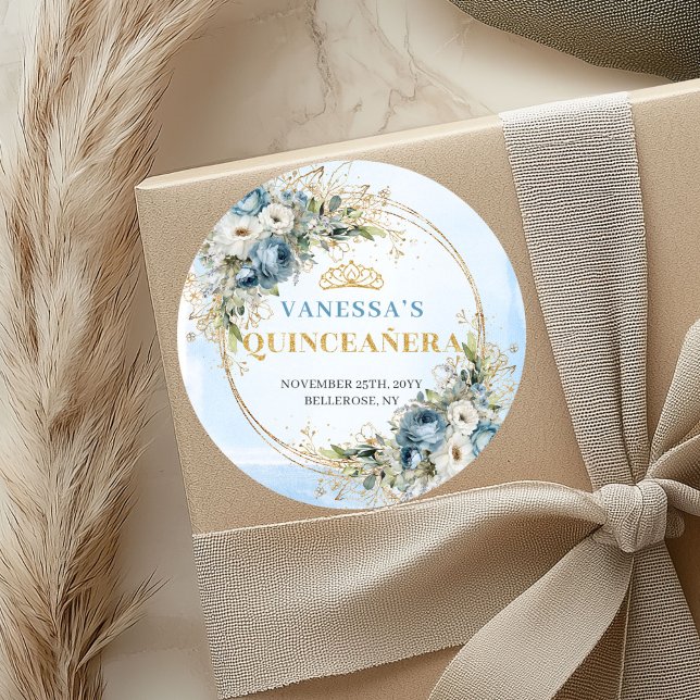 Adesivo Redondo Enchanting Dusty Blue Gold Greenery Quinceañera   (Enchanting Dusty Blue Gold Greenery Quinceañera Sticker

)