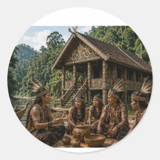ADESIVO REDONDO ENCONTRO TRIBAL DAYAK EM UMA LONGHOUSE TRADICIONAL