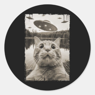 Adesivo Redondo Encontros De Gato De Vintage - Ufo Engraçado E Gat