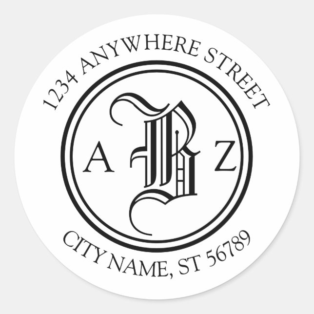 Adesivo Redondo Endereço circular do Monograma com Letra Negra Clá (Frente)