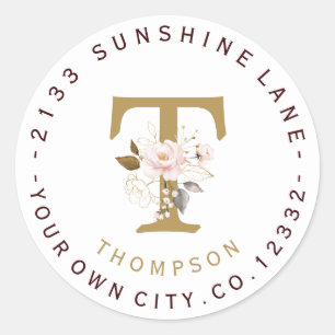 Adesivo Redondo Endereço Circular do Monograma das Flores Dourada