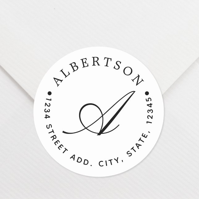 Adesivo Redondo Endereço da Família do Monograma do Script Preto n (Criador carregado)
