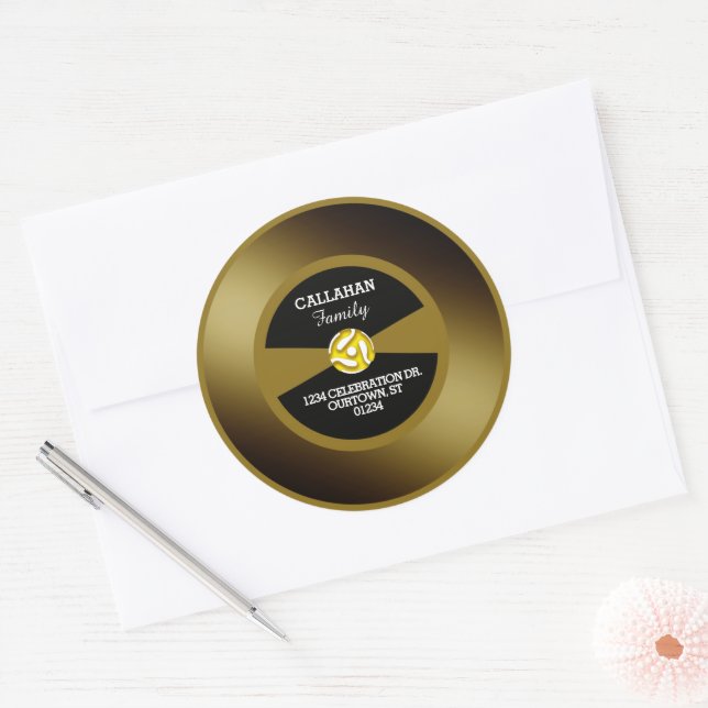 Adesivo Redondo Endereço da família Vinyl 45 Dourado Record (Envelope)
