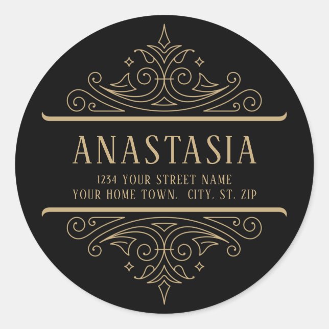 Adesivo Redondo Endereço das espirais góticas pretas e Douradas (Frente)