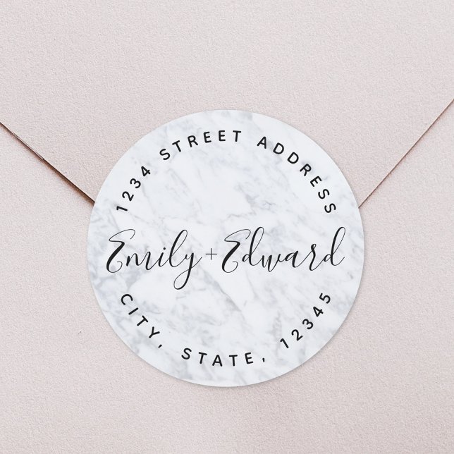 Adesivo Redondo Endereço de Casamento de Nomes de Casais de Marble (Criador carregado)