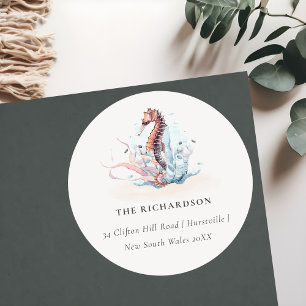 Adesivo Redondo Endereço de Cavalo-Marinho Subaquático Coral