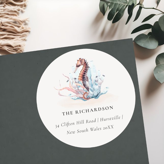 Adesivo Redondo Endereço de Cavalo-Marinho Subaquático de Algas Ma (Criador carregado)