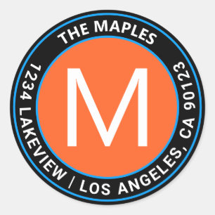 Adesivo Redondo Endereço de devolução circular azul-laranja preto-