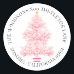 Adesivo Redondo Endereço de devolução da árvore de Natal<br><div class="desc">Pia-cor-d'água elegante e coroa vermelha de feriado com estocagem de Natal,  selante de envelope de endereço de retorno para sua correspondência de feriado.</div>