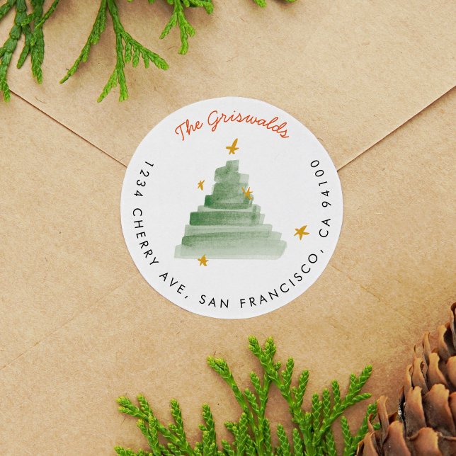 Adesivo Redondo Endereço de devolução da árvore natalícia Starlit  (Watercolor starlit Christmas tree return address label round sticker.)