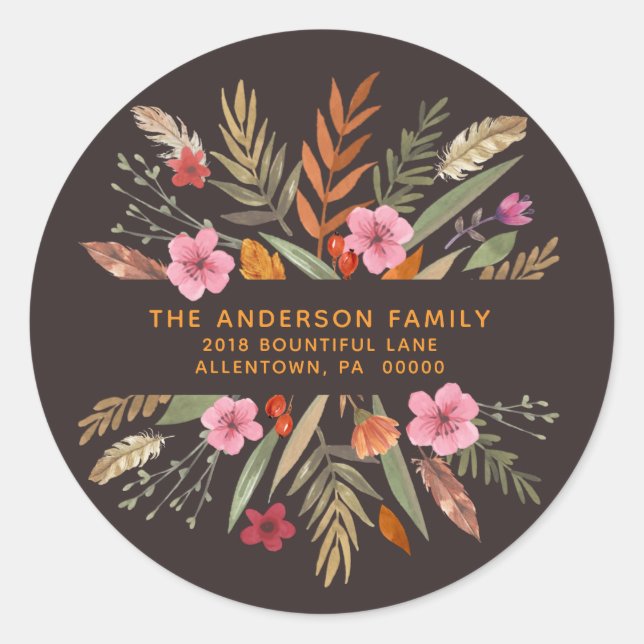 ADESIVO REDONDO ENDEREÇO DE DEVOLUÇÃO DA FOLIAGEM DE QUEDA FESTIVA (Frente)