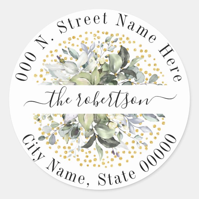 Adesivo Redondo Endereço de devolução da Glitter Dourada Eucalyptu (Frente)