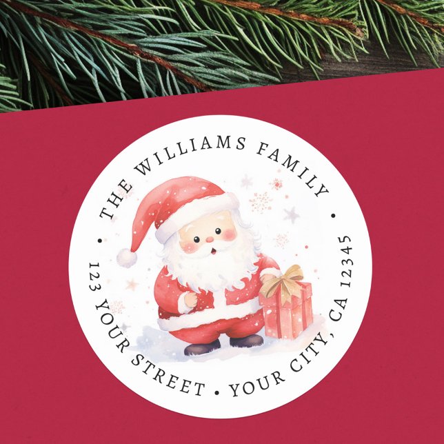 Adesivo Redondo Endereço de devolução da ilustração de cor d'água  (Cute Santa watercolor illustration return address Classic Round Sticker)