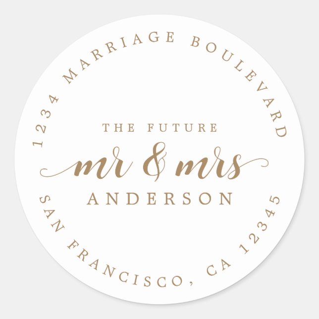 Adesivo Redondo Endereço de devolução da Sra. Dourada Script (Frente)