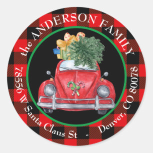 Adesivo Redondo Endereço de Devolução de Carro de Natal em Xadrez 