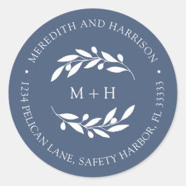 Adesivo Redondo Endereço de Devolução de Casamento Azul de Tabulei