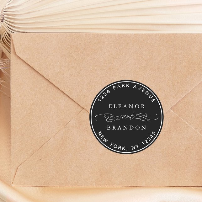 Adesivo Redondo Endereço de Devolução de Casamento Elegante Negro (Criador carregado)