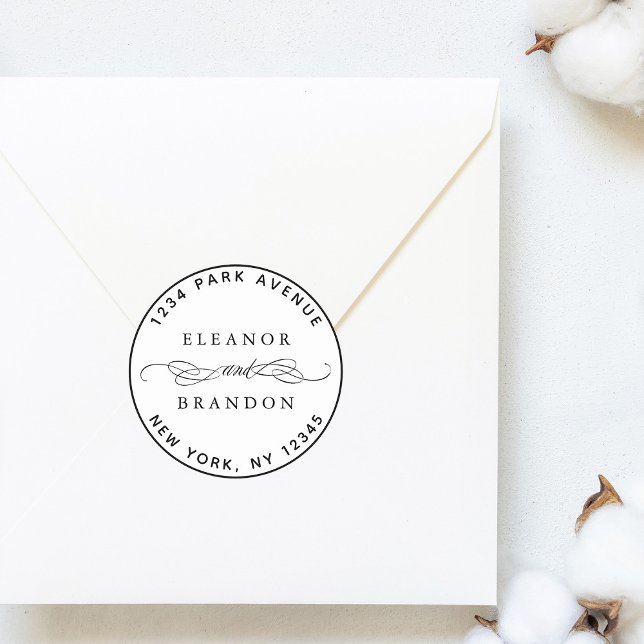 Adesivo Redondo Endereço de Devolução de Casamento Elegante Preto  (Criador carregado)