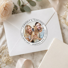 Adesivo Redondo Endereço de Devolução de Casamento Moderno com Fo