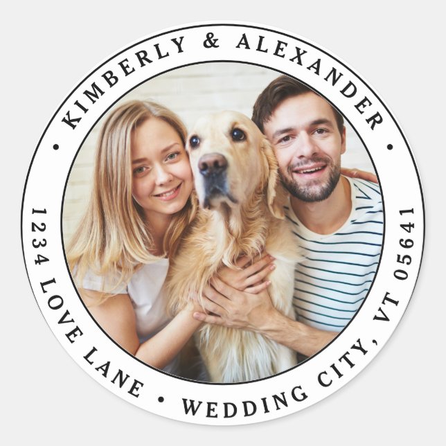 Adesivo Redondo Endereço de Devolução de Casamento Moderno de Foto (Frente)